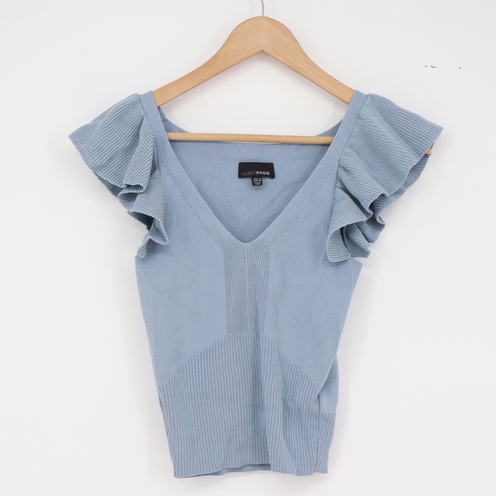 Lucy Paris Top Womens S Ruffle Sleeve V-Neck Light Blue Ribbed Knit